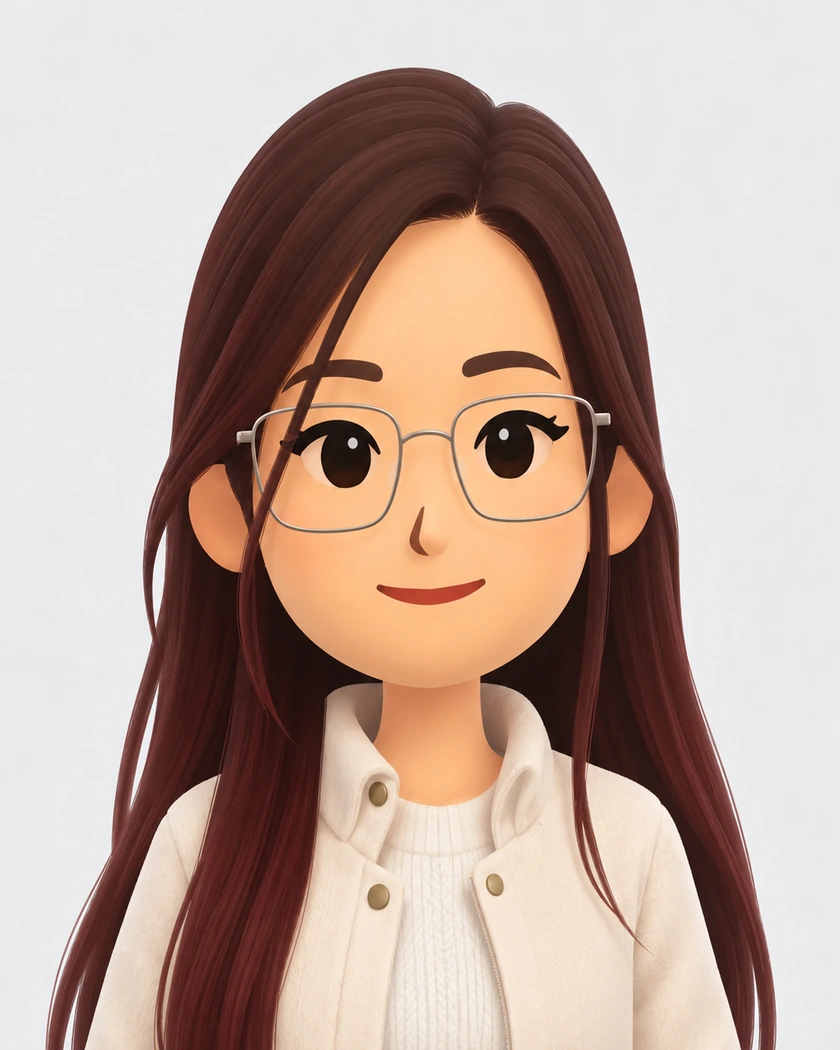 Personagem ilustrada de Ana Freitas, estilo Mii, com óculos